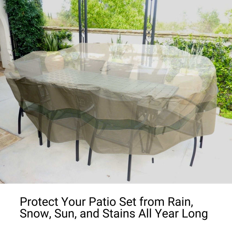 A Formosa Covers Patio Set Cover for an oval or rectangular table (110"L x 65"W x 38"H) in classic taupe is shown shielding furniture under a pergola, surrounded by lush greenery. The text below the image reads, "Protect Your Patio Furniture from Rain, Snow, Sun, and Stains All Year Long.