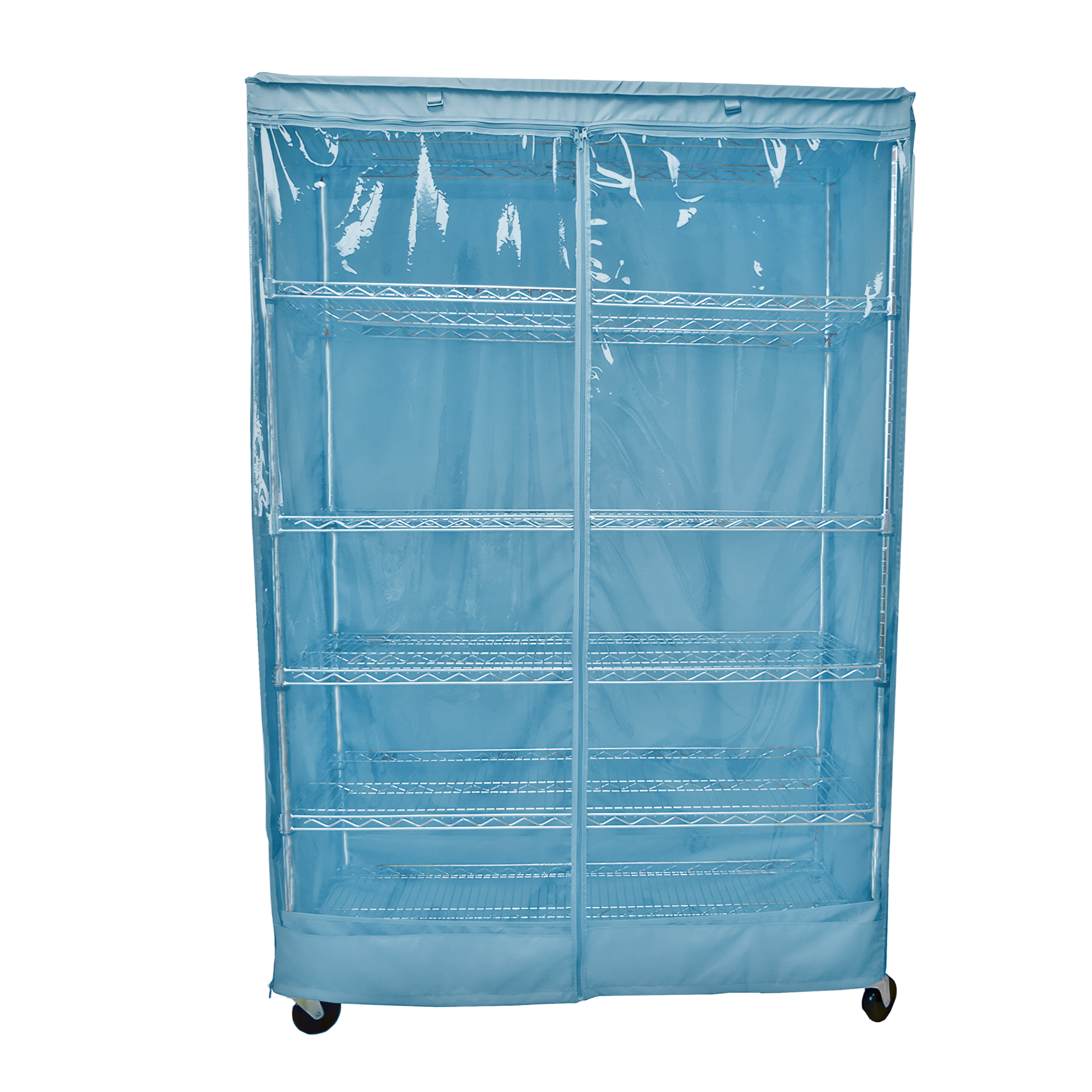 Storage Shelving Unit Cover in Glacier Blue with see-through panel, fits 48"W x 24"D x 72"H racks.