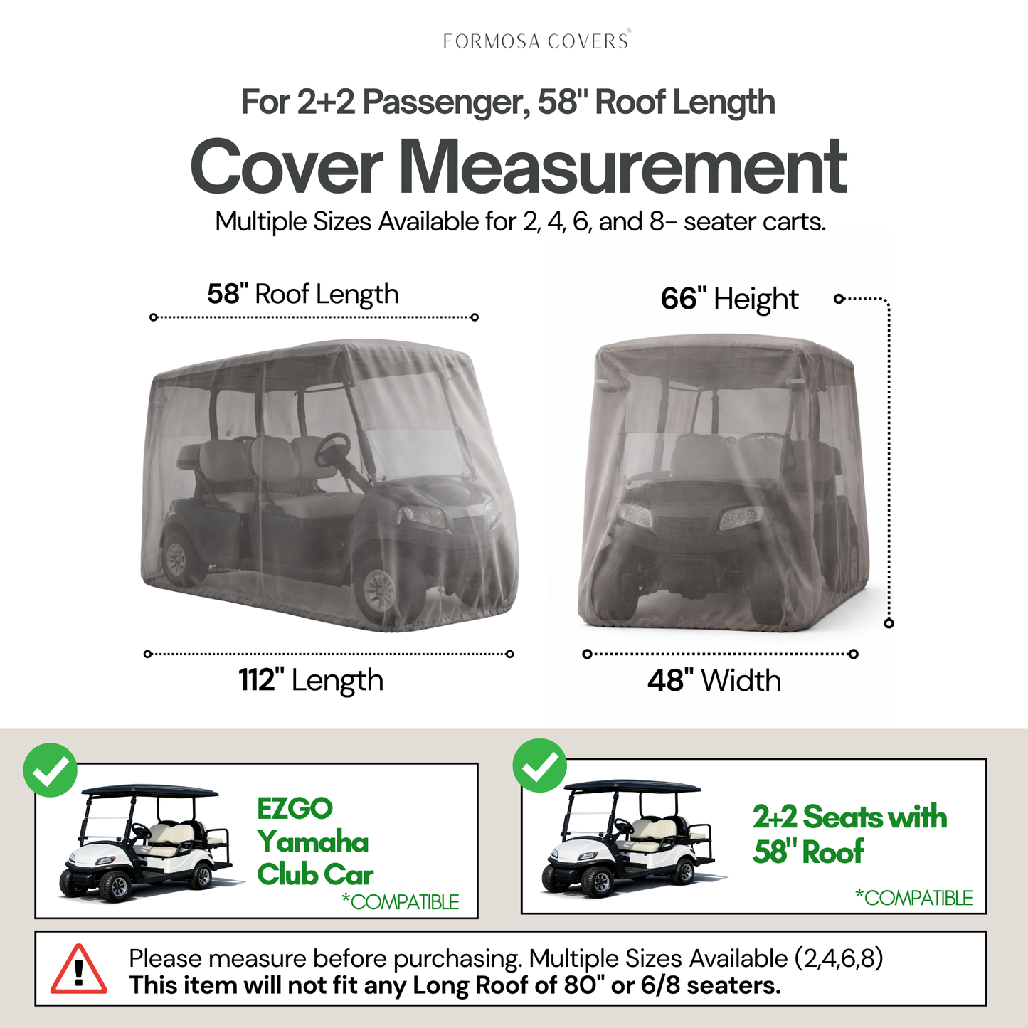 2+2 Passenger Golf Cart Storage Cover (4 Passenger Short Roof 58") Grey - Formosa Covers