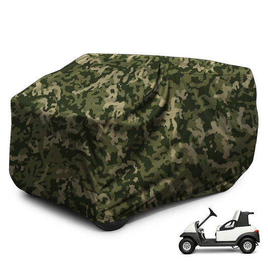 Camouflage storage cover for 2 passenger golf cart without roof, heavy-duty, anti-UV polyester.