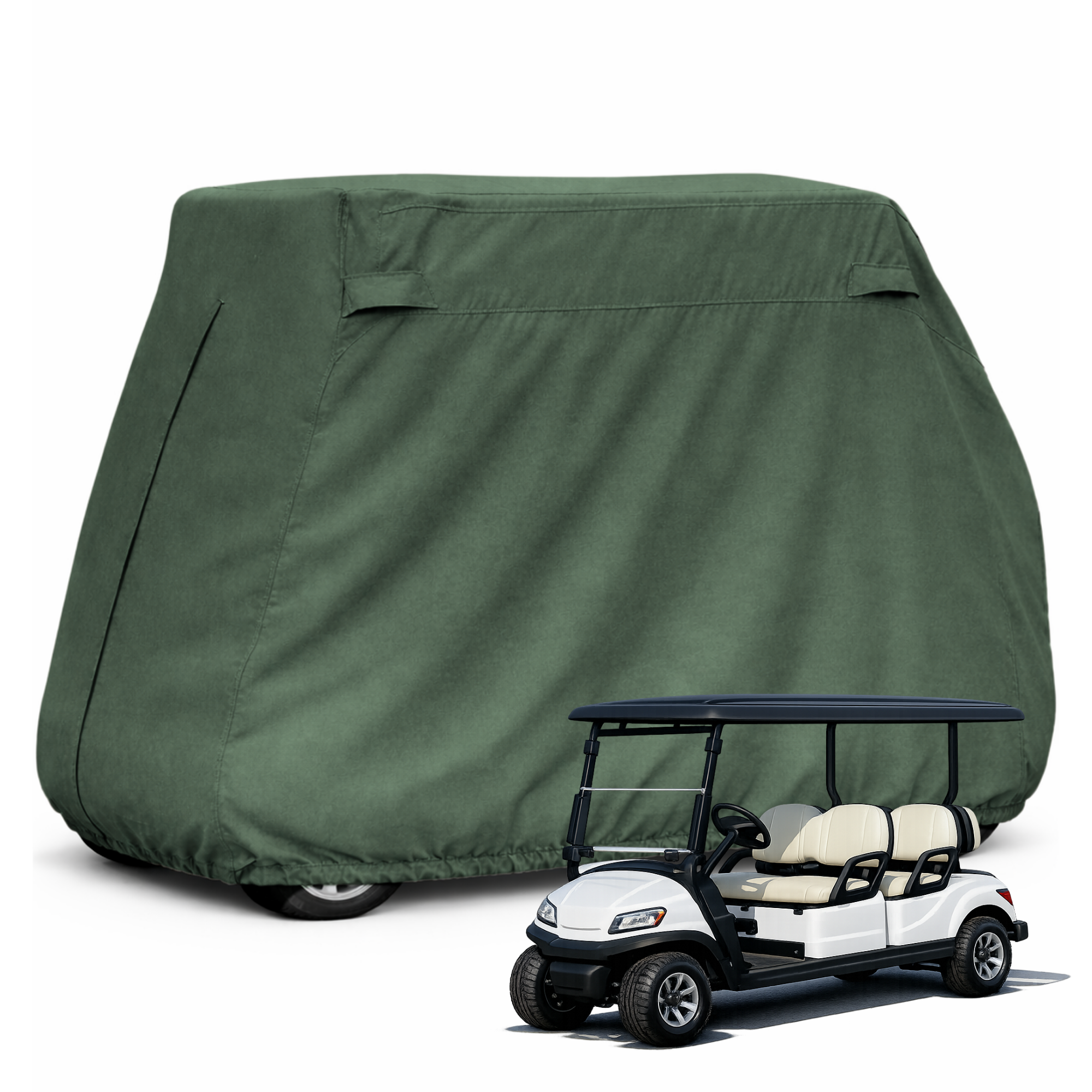 Green 4 passenger golf cart storage cover for 4 seater long roof 80 inch carts, waterproof 300D fabric with rear zipper access and ventilation.