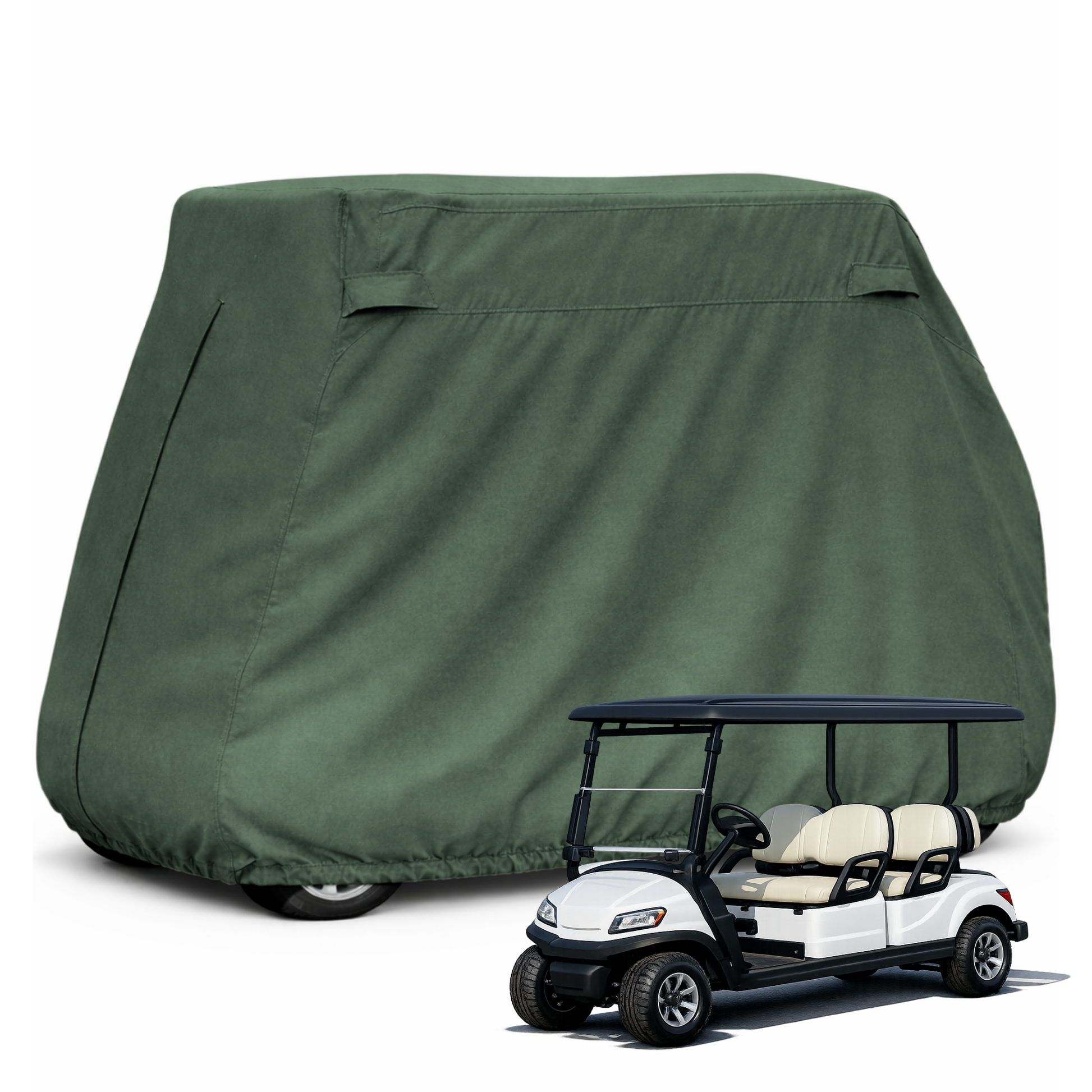 Green 4 passenger golf cart storage cover for 4 seater long roof 80 inch carts, waterproof 300D fabric with rear zipper access and ventilation.
