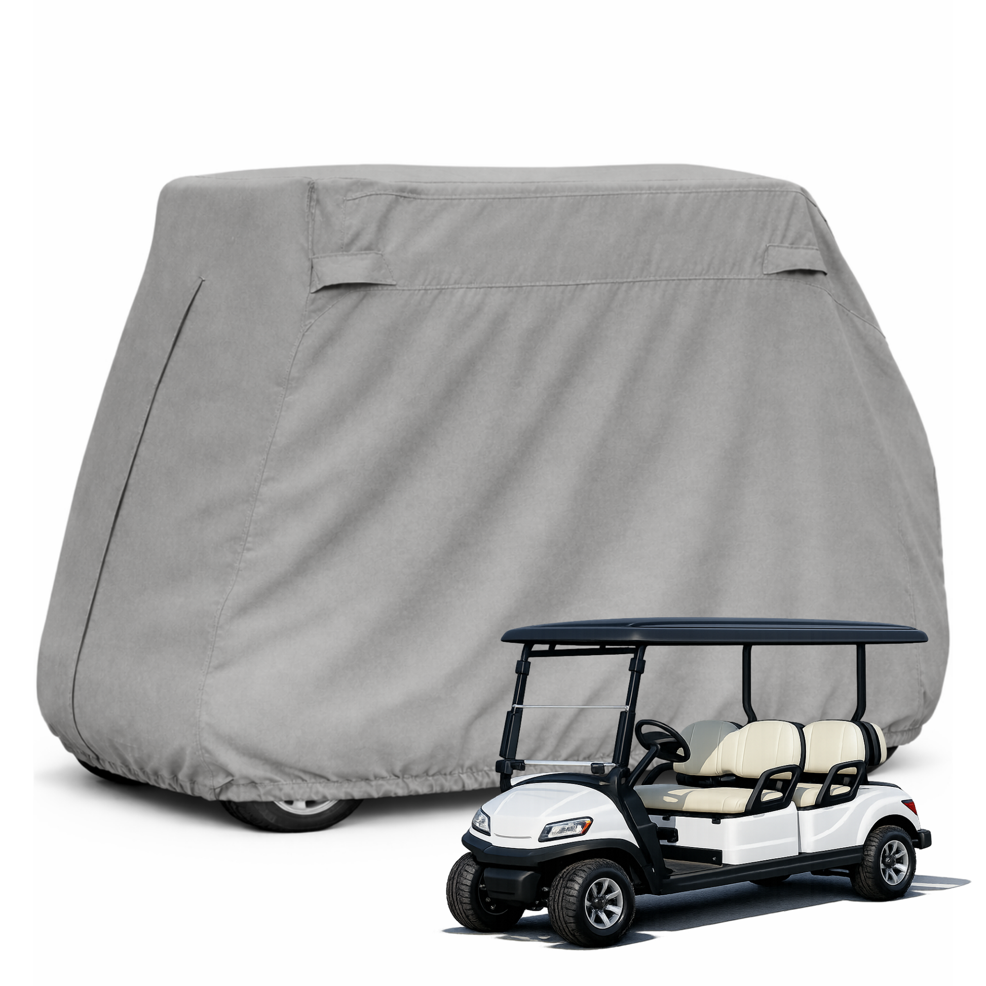 Grey 4 passenger golf cart storage cover for 80" long roof, waterproof 300D fabric with ventilation and rear zipper access