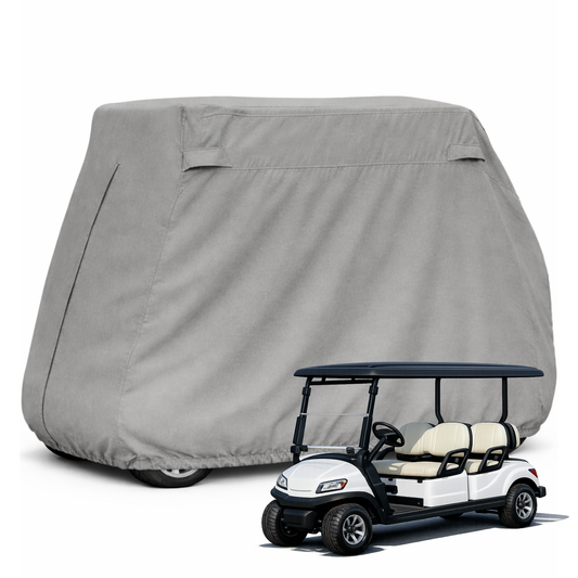 Grey 4 passenger golf cart storage cover for 80" long roof, waterproof 300D fabric with ventilation and rear zipper access
