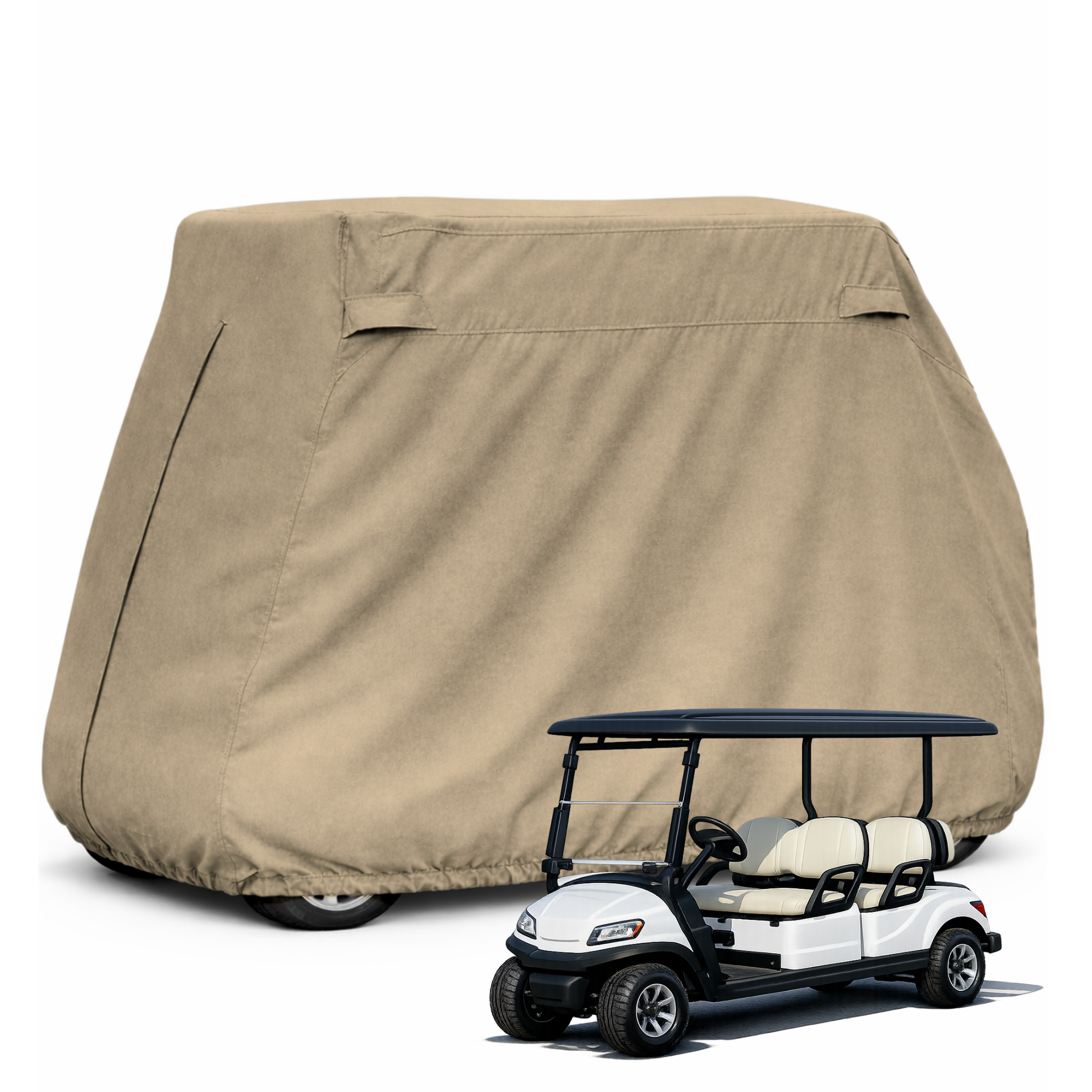 Taupe 4 Passenger Golf Cart Storage Cover for 4 Seater Long Roof 80" with waterproof UV-treated polyester and reinforced grommets