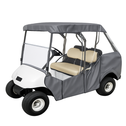 Golf cart with a gray cover on a white background

