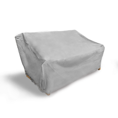 Gray patio outdoor large loveseat bench cover with durable polyester and vinyl backing, UV protection, and dimensions up to 65