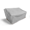 Gray patio outdoor large loveseat bench cover with durable polyester and vinyl backing, UV protection, and dimensions up to 65
