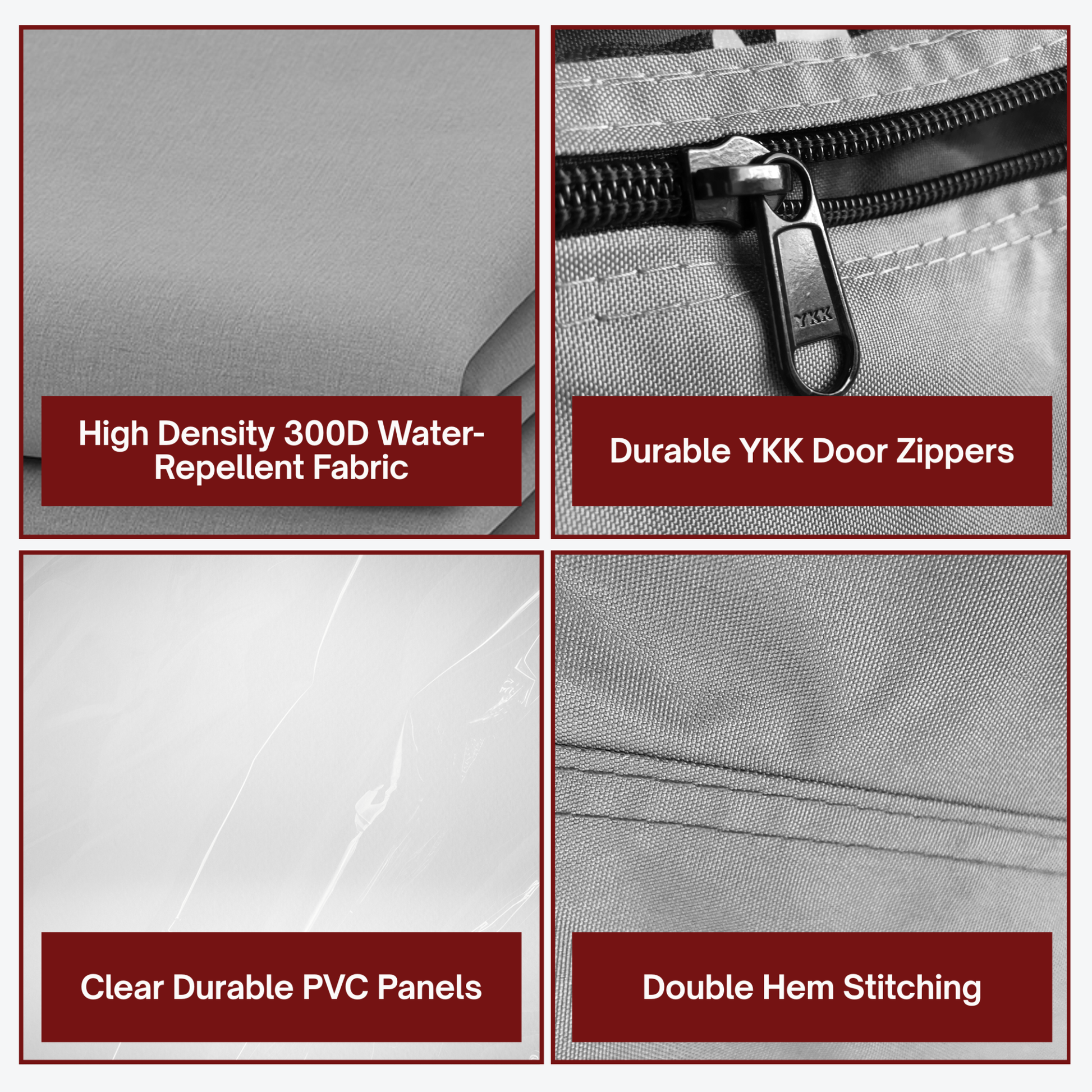 Product features including high-density water-repellent fabric, durable YKK door zippers, clear PVC panels, and double hem stitching.


