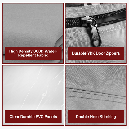 Product features including high-density water-repellent fabric, durable YKK door zippers, clear PVC panels, and double hem stitching.


