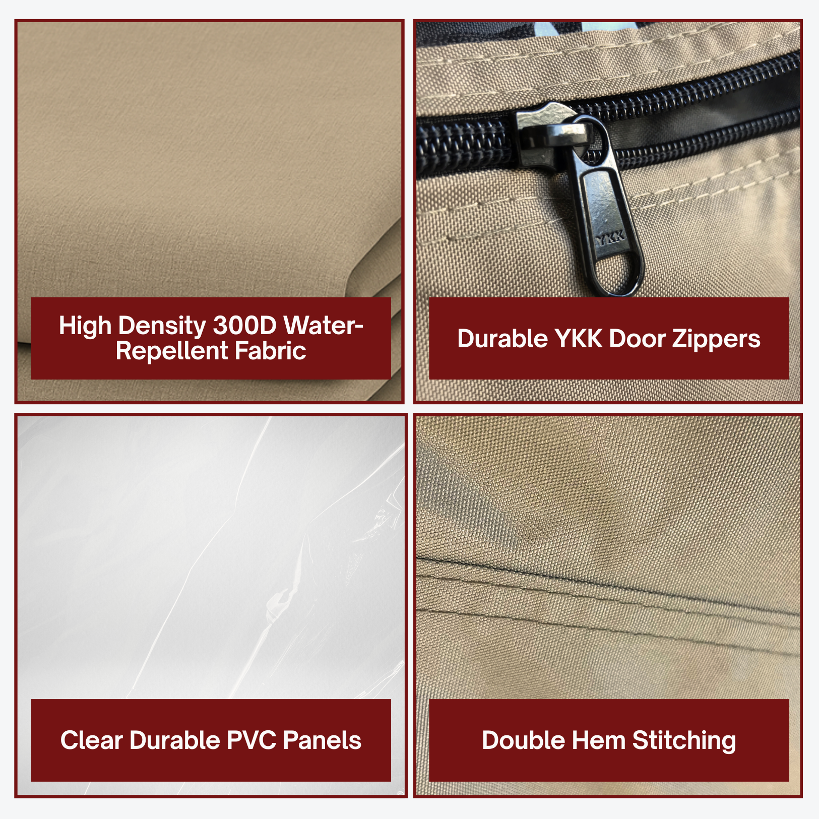 Product features including high-density water-repellent fabric, durable zippers, clear PVC panels, and double hem stitching.

