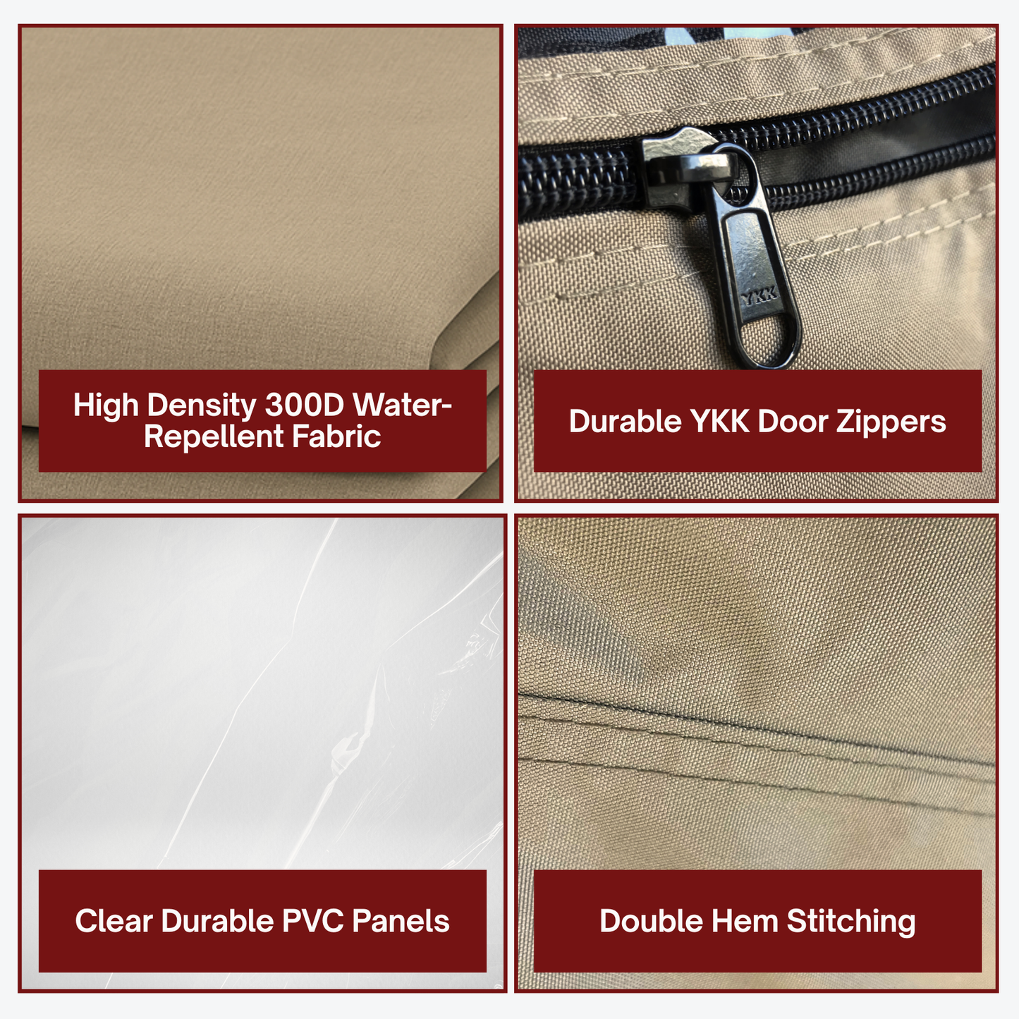 Product features including high-density water-repellent fabric, durable zippers, clear PVC panels, and double hem stitching.

