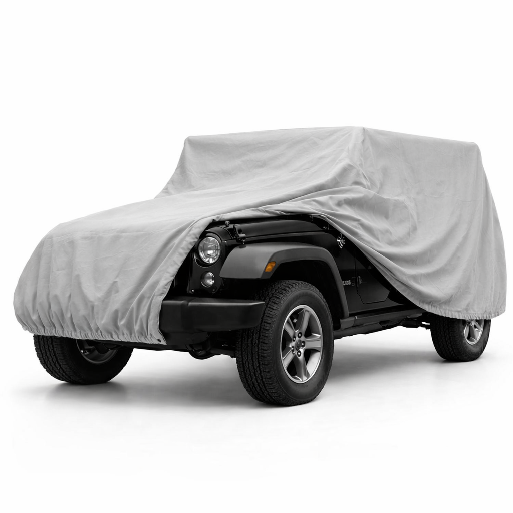 Grey Jeep cover for 2007-2022 Jeep Wrangler 4-door Unlimited with spare tire, winch, and roof light clearance