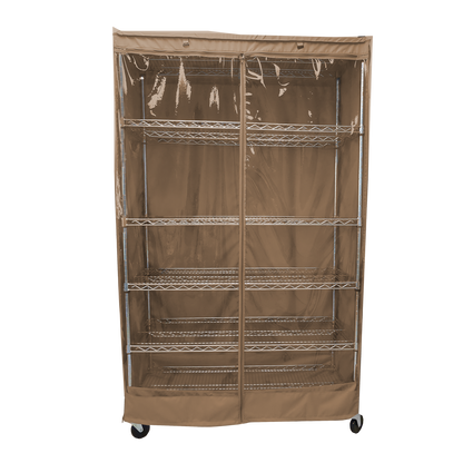 Khaki storage shelving unit cover with clear PVC side panel, fits 48"x18"x72" racks.