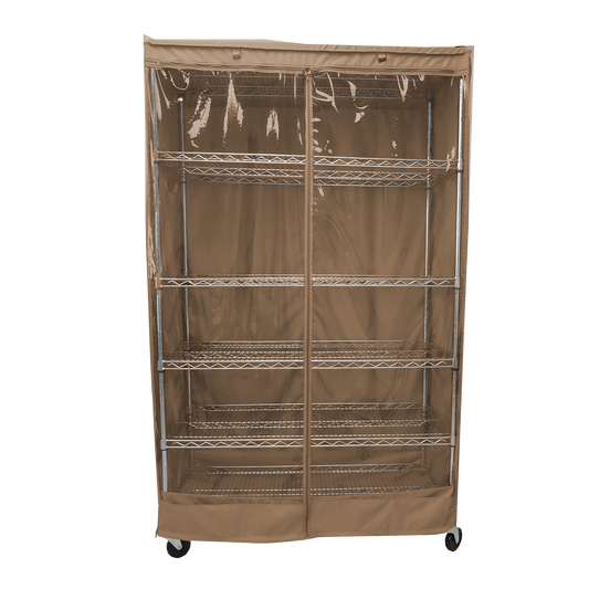 Khaki storage shelving unit cover with clear PVC side panel, fits 48"x18"x72" racks.