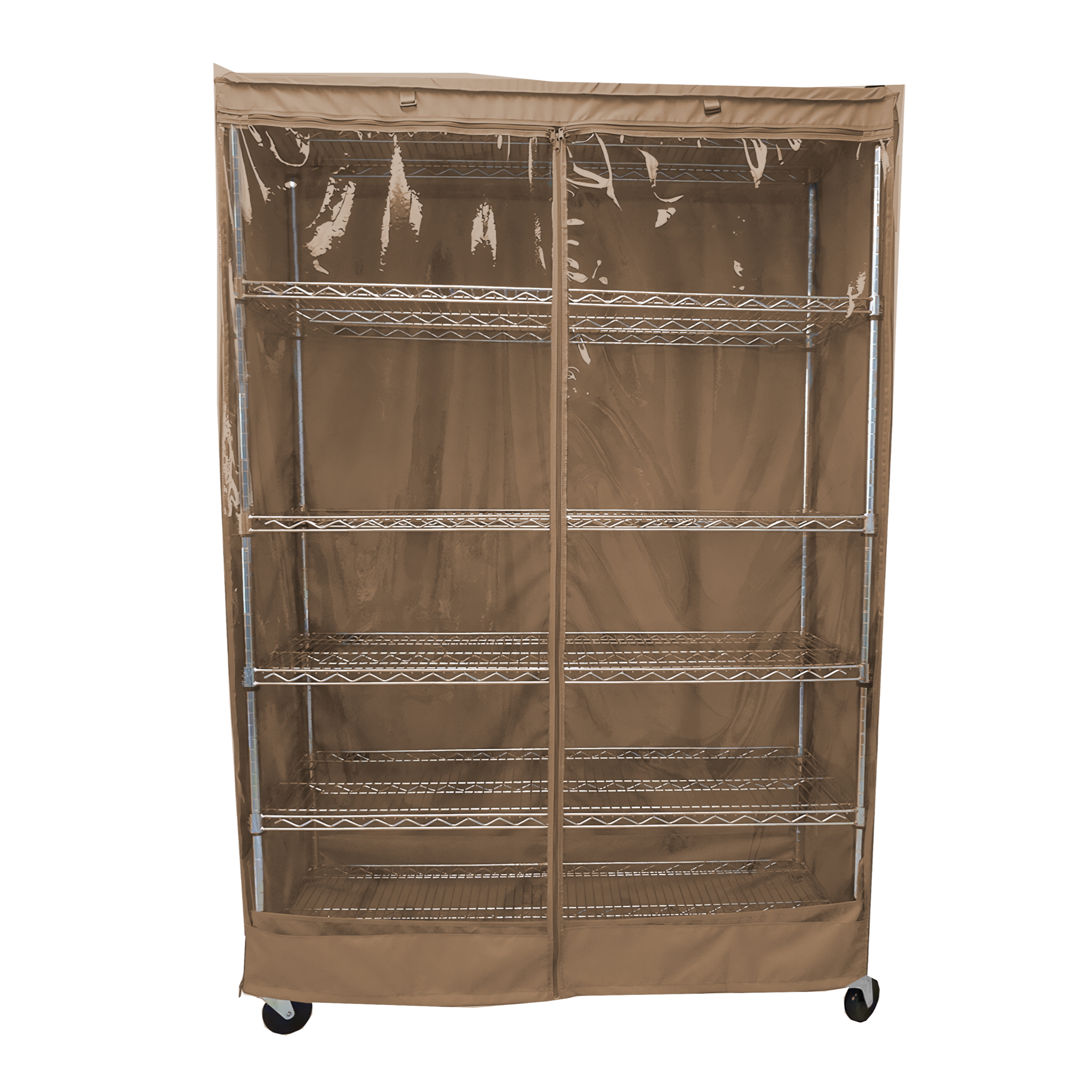 Storage shelving unit cover in khaki with clear PVC panel, fits racks 48