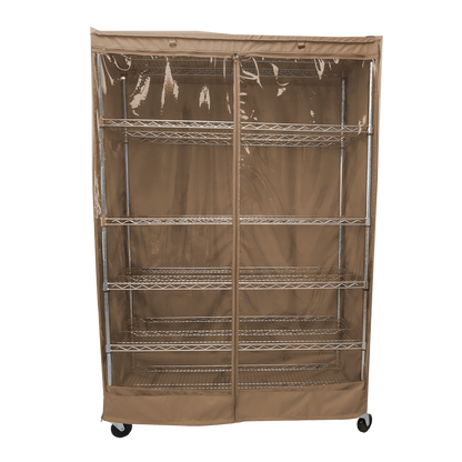 Storage shelving unit cover in khaki with clear PVC panel, fits racks 48"W x 24"D x 72"H.