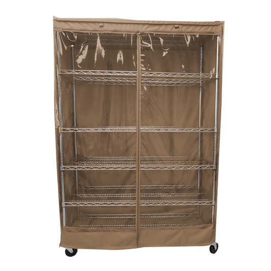 Storage shelving unit cover in khaki with clear PVC panel, fits racks 48"W x 24"D x 72"H.
