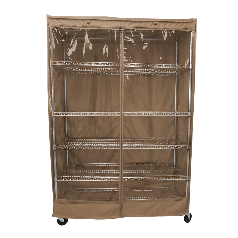 Storage shelving unit cover in khaki with clear PVC panel, fits racks 48"W x 24"D x 72"H.