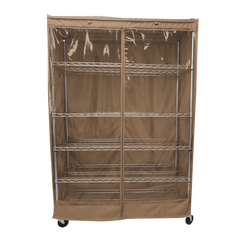 Storage shelving unit cover in khaki with clear PVC panel, fits racks 48