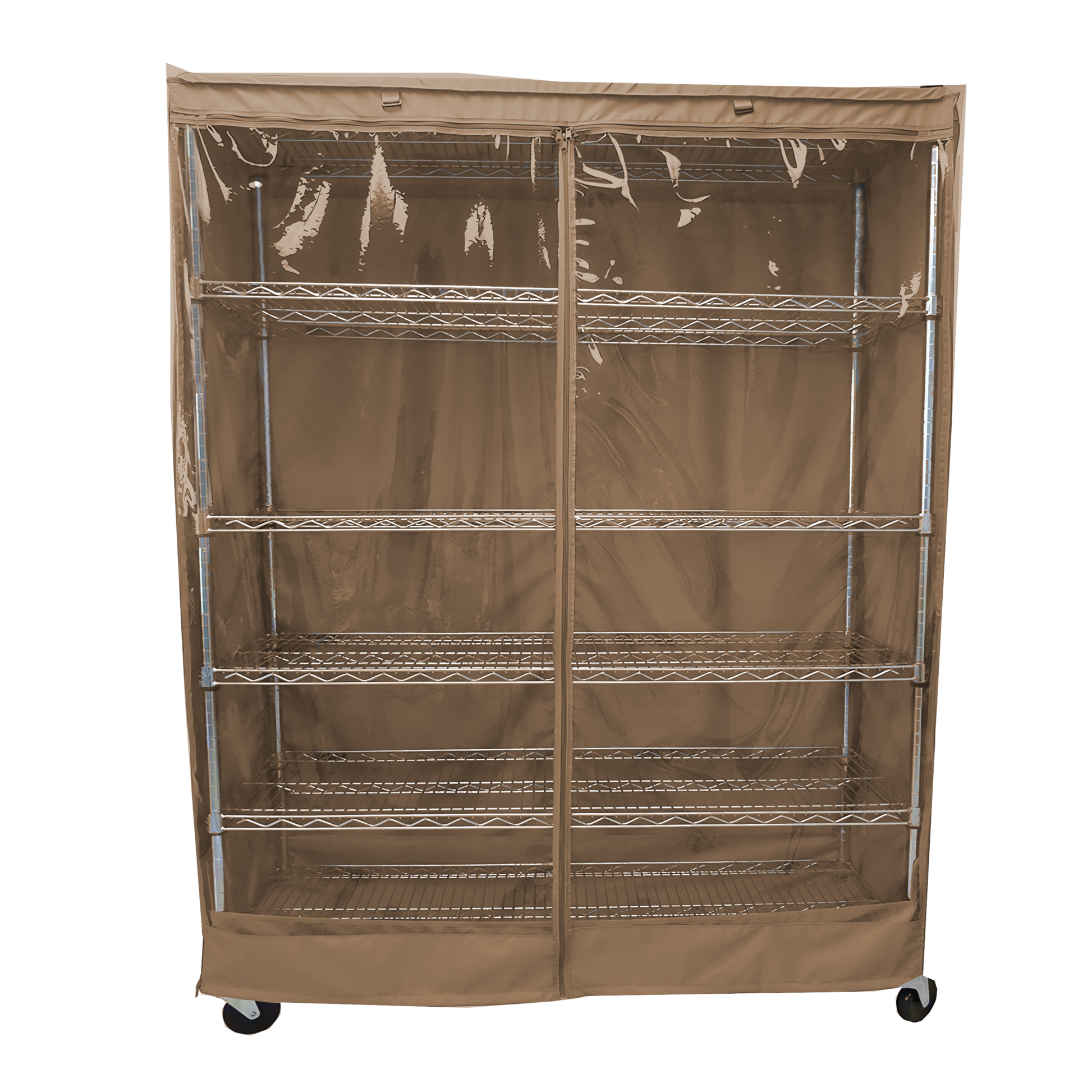 Storage shelving unit cover with see-through panel, fits 60"W x 24"D x 72"H racks, khaki color.