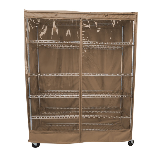 Storage shelving unit cover with see-through panel, fits 60"W x 24"D x 72"H racks, khaki color.