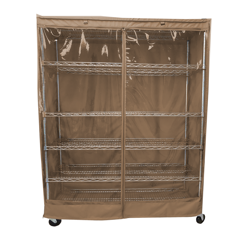Storage shelving unit cover with see-through panel, fits 60"W x 24"D x 72"H racks, khaki color.