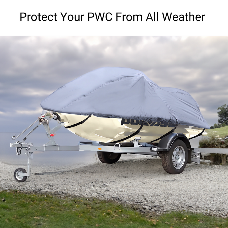 A Jet Ski Personal Watercraft Cover by Formosa Covers, fitting up to 120 inches long, is sheltering a watercraft on a trailer. The cover is made of 300 Denier Polyester in gray. Above the PWC, the text reads, "Protect Your PWC From All Weather." The scene is set outdoors with greenery and sky visible in the background.