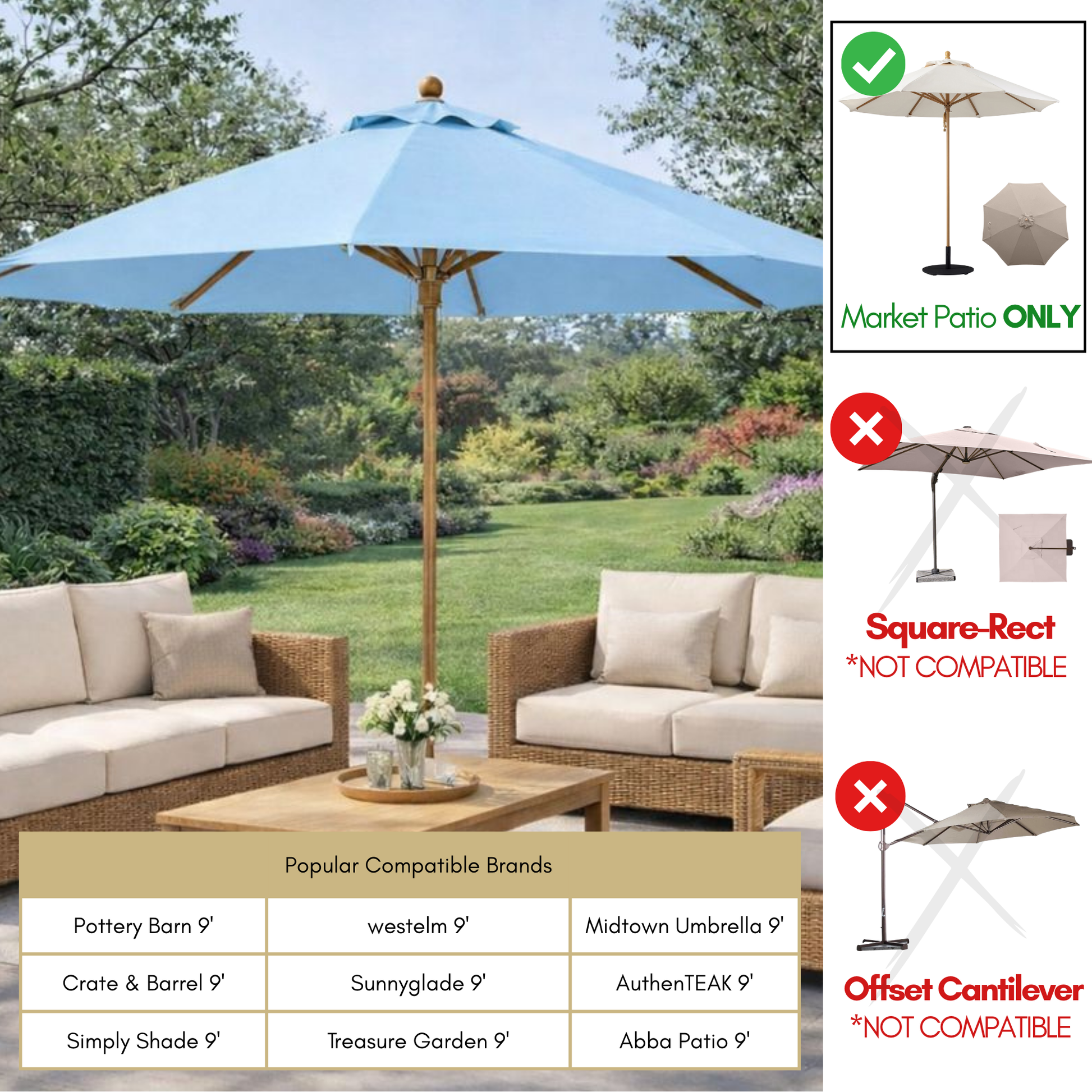 9ft Market Patio Umbrella 8 Rib Replacement Canopy Light Blue - Formosa Covers