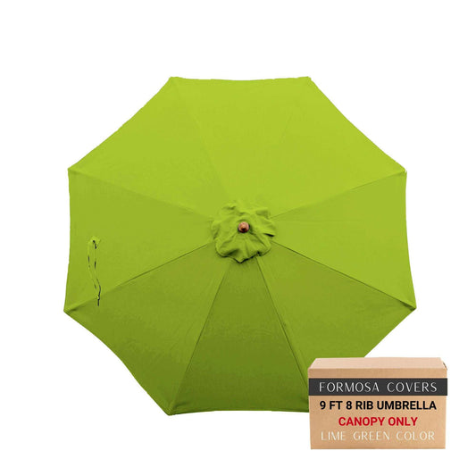 9ft market patio umbrella 8 rib replacement canopy in avocado lime green color with durable, UV-treated polyester fabric and single air vent design