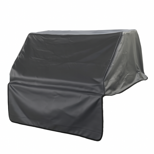Grey vinyl built-in BBQ outdoor gas grill cover 56 by 30 by 16 inches with black piping and weather-resistant design