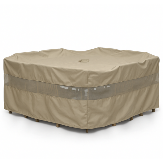 Patio set cover in classic taupe for square or round tables, weatherproof and zippered.