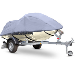 A boat covered with a Formosa Covers' Jet Ski Personal Watercraft Cover, which fits up to 120 inches in length, is mounted on a single-axle trailer equipped with a tow bar and a wheel jack. The boat appears secure and ready for transportation on the two-wheel trailer, set against a white background.