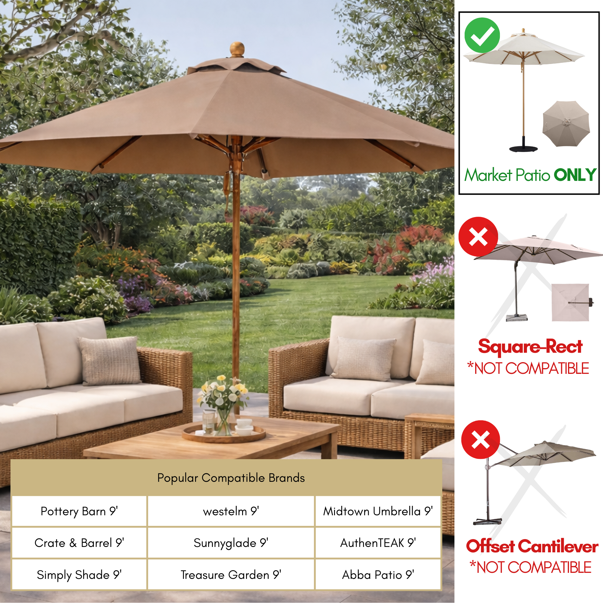 9ft Market Patio Umbrella 8 Rib Replacement Canopy Mocha Mousse - Formosa Covers