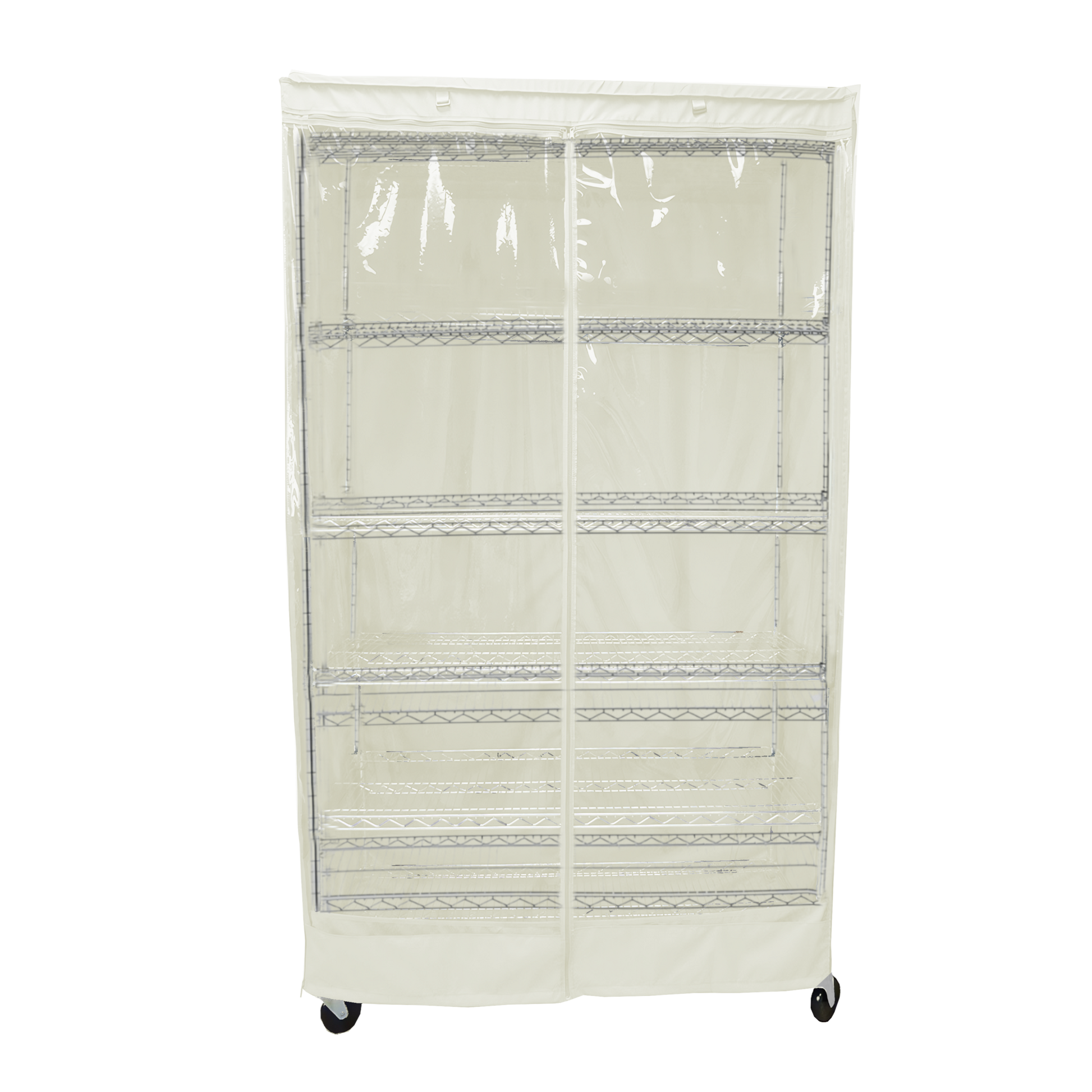 Storage shelving unit cover with clear PVC panel, fits 36"W x 18"D x 72"H racks, off white.