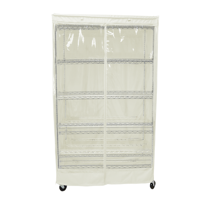 Storage shelving unit cover with clear PVC panel, fits 36"W x 18"D x 72"H racks, off white.