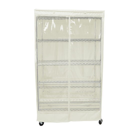 Storage shelving unit cover with clear PVC panel, fits 36"W x 18"D x 72"H racks, off white.