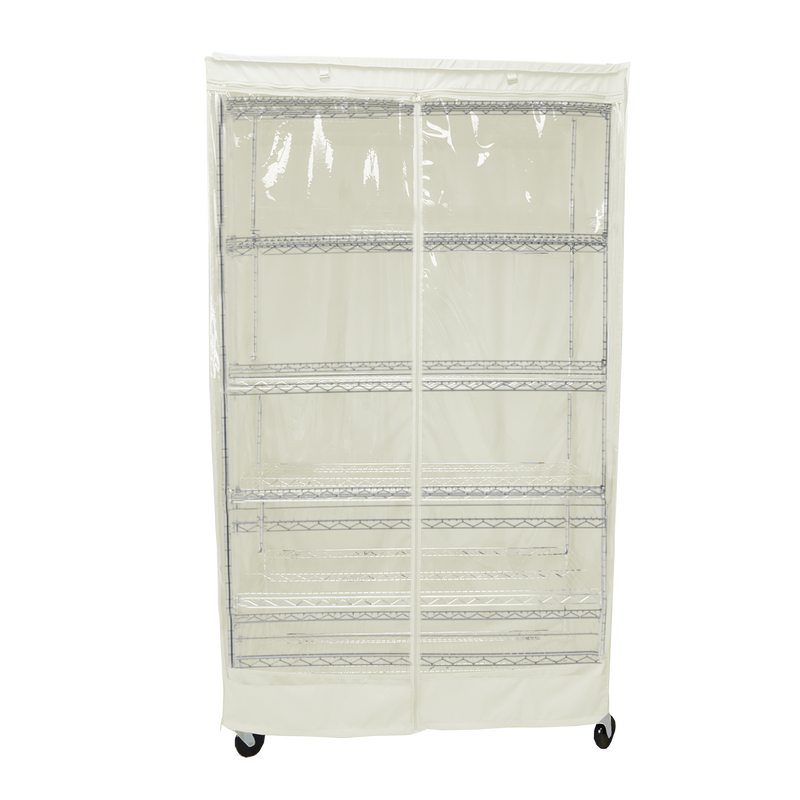 Storage shelving unit cover with clear PVC panel, fits 36"W x 18"D x 72"H racks, off white.