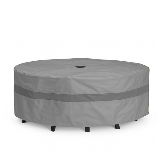 Round patio conversation set cover with umbrella hole, 104" diameter, in grey.