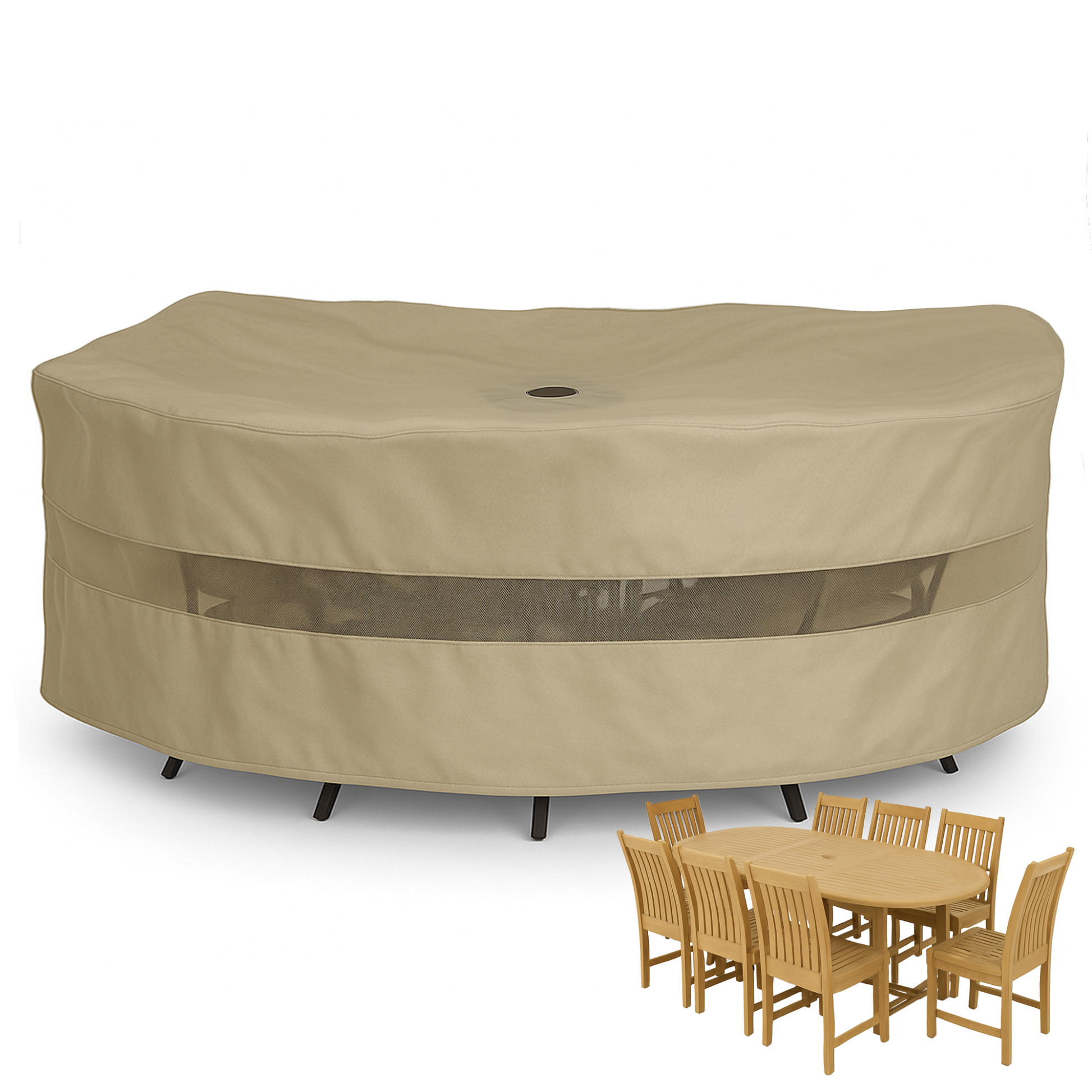 Patio set cover in taupe for oval or rectangular table, water-resistant polyester, 110"L x 65"W x 38"H.