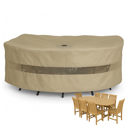 Patio set cover in taupe for oval or rectangular table, water-resistant polyester, 110"L x 65"W x 38"H.