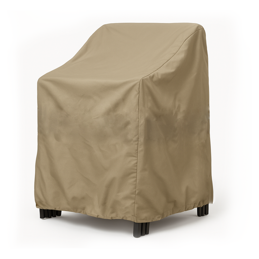 Patio stacked chairs cover in taupe, weatherproof, fits up to 8 chairs, durable and UV-resistant.