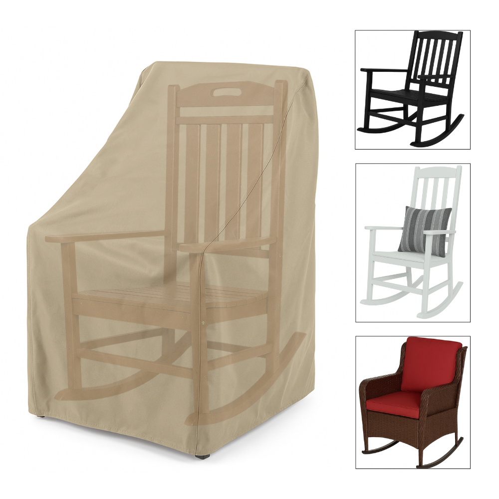 Patio rocking dining chair cover in classic taupe, fits various rocking and swivel-rocking chairs, water-resistant and UV treated fabric.