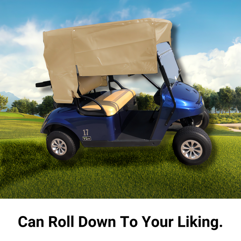 A blue Yamaha Drive golf cart with a Golf Cart Sun Shade UV Mesh Top Cover Exclusive For Yamaha Drive 70" Roof Beige by Formosa Covers parked on a grassy field. The canopy, designed with breathable mesh fabric, is partially rolled down. The text at the bottom reads, "Can Roll Down To Your Liking." A clear blue sky with white clouds and trees are visible in the background.