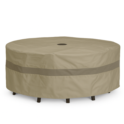Patio conversation set cover for round table with umbrella hole, classic taupe, water and UV resistant.