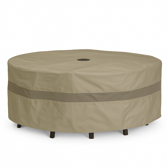 Patio conversation set cover for round table with umbrella hole, classic taupe, water and UV resistant.