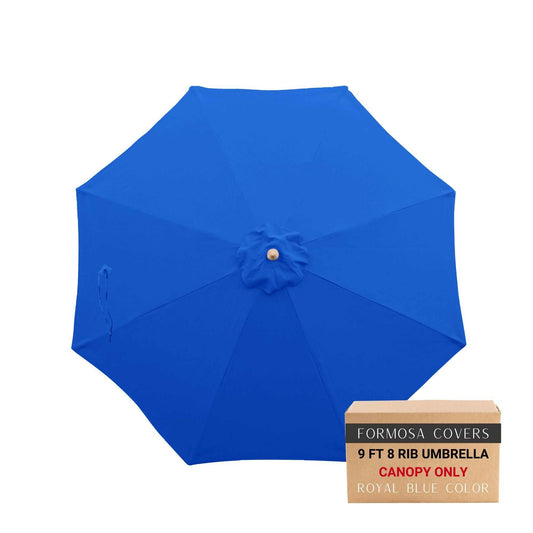 9ft royal blue market patio umbrella canopy with 8 ribs, UV-treated and water-repellent.