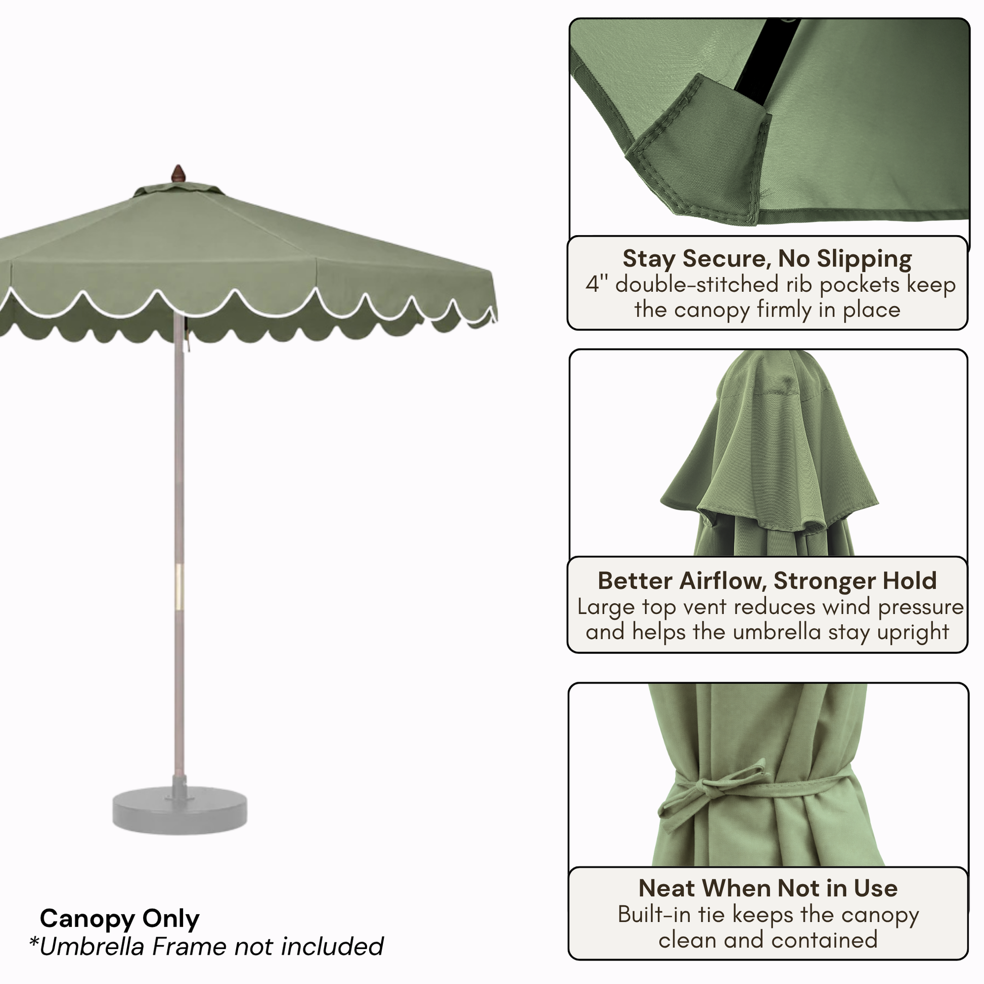 9ft 8 Rib Replacement Umbrella Canopy with Scallops in Sage Green - Formosa Covers