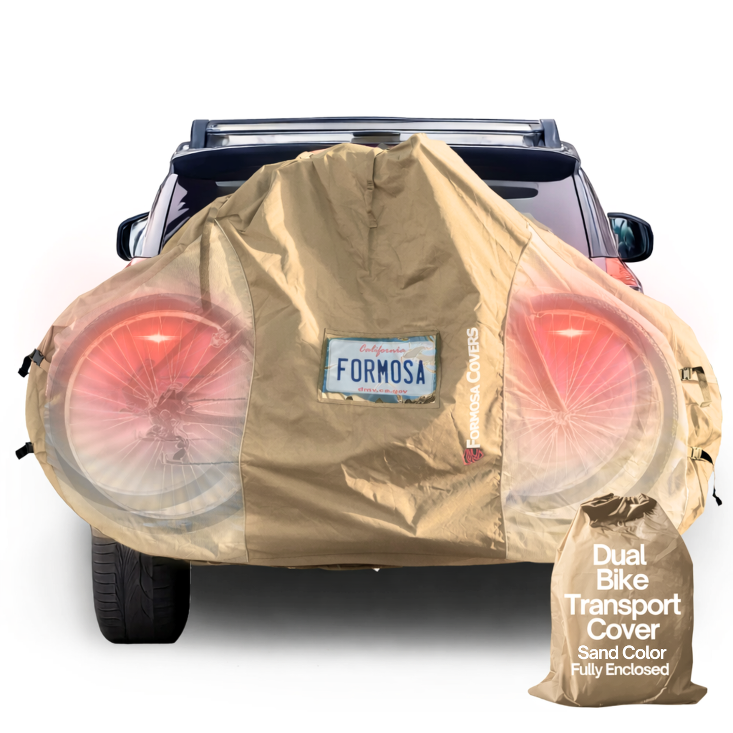 Sand color dual bike rack cover with translucent ends and license plate holder for 1-2 bicycles transport