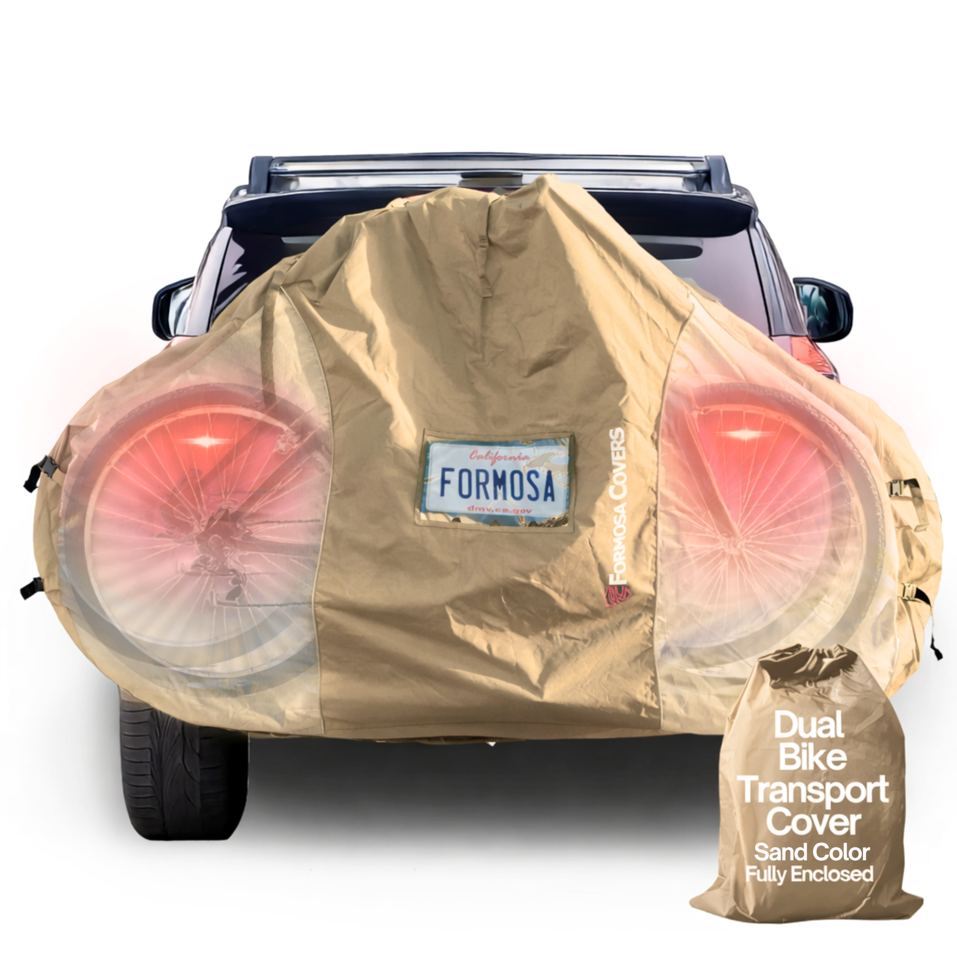 Sand color dual bike rack cover with translucent ends and license plate holder for 1-2 bicycles transport
